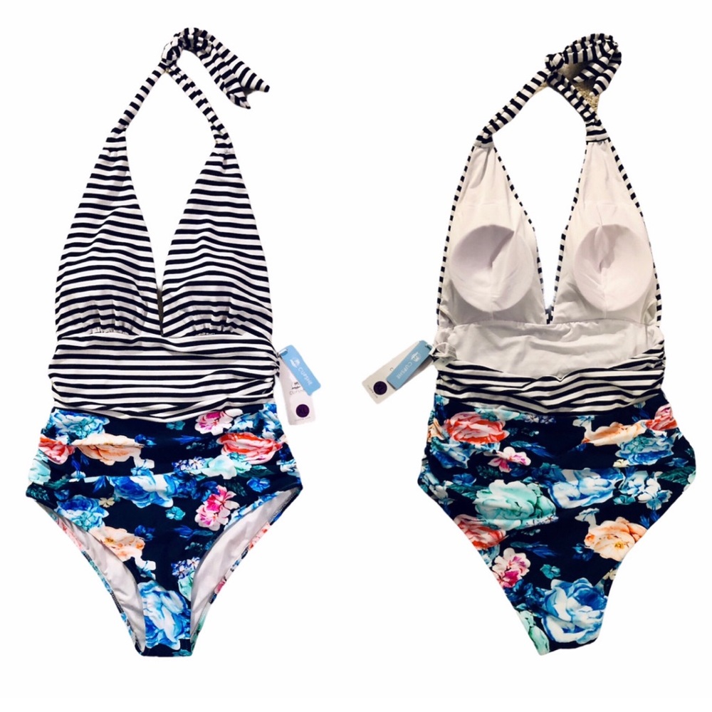 Cupshe Floral Stripe Halter One Piece Swimsuit